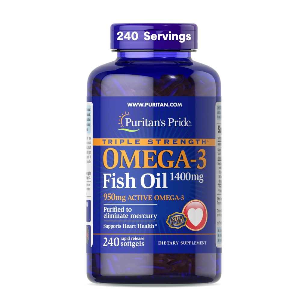 Puritan's Pride Triple Strength Omega-3 Fish Oil 1400mg, Active Omega-3 950mg, Dietary Supplement for Heart, Joint, and Cellular Health Support, 240 Rapid Release Softgels (Packaging May Vary)