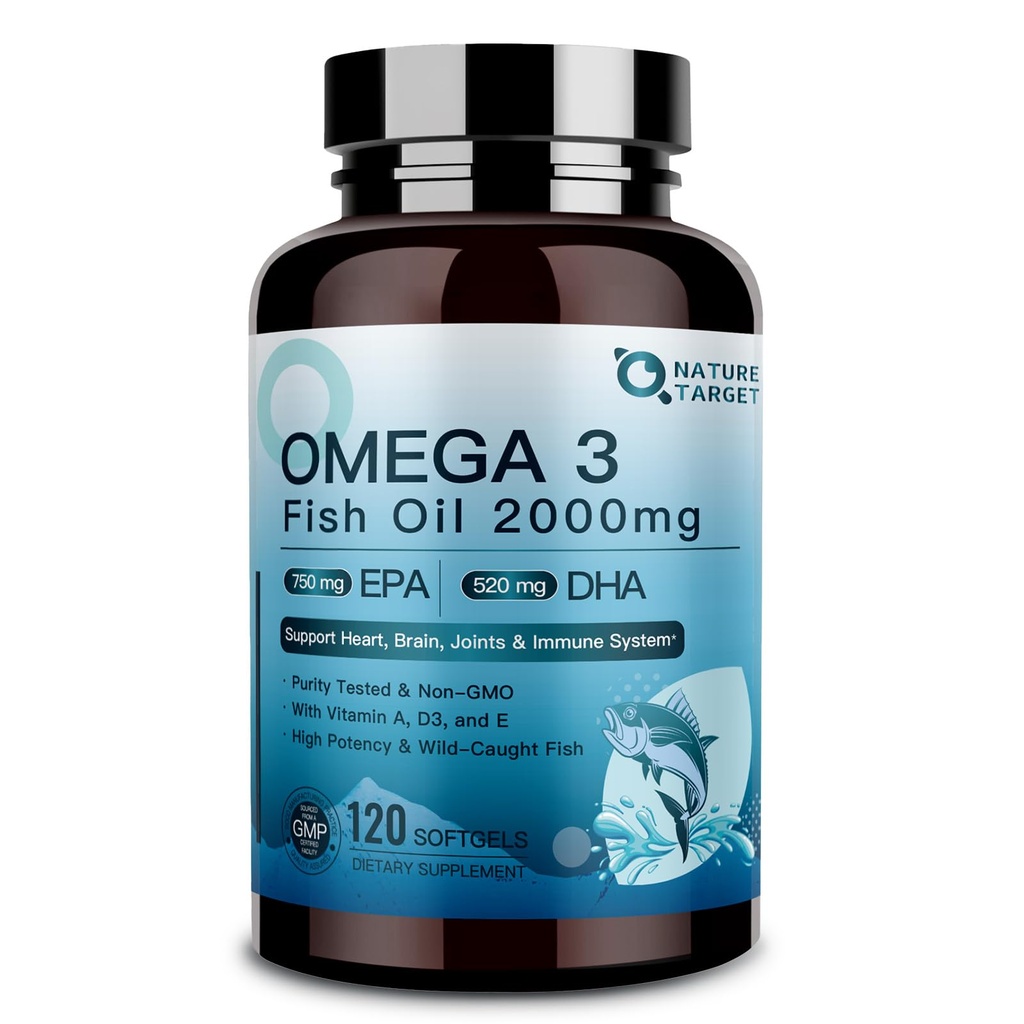 NATURE TARGET Omega 3 Fish Oil 2000mg Softgels with Vitamin D3 & E & A - EPA & DHA- Max-Absorption, Supports Heart, Brain & Immune Health, Non-GMO, 120 Softgels