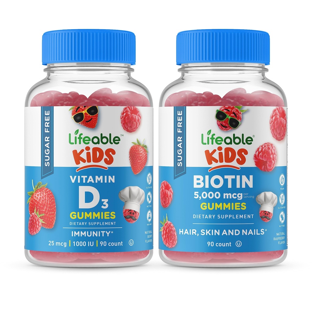 Lifeable Sugar Free Vitamin D Kids + Biotin Kids, Gummies Bundle - Great Tasting, Vitamin Supplement, Gluten Free, GMO Free, Chewable Gummy