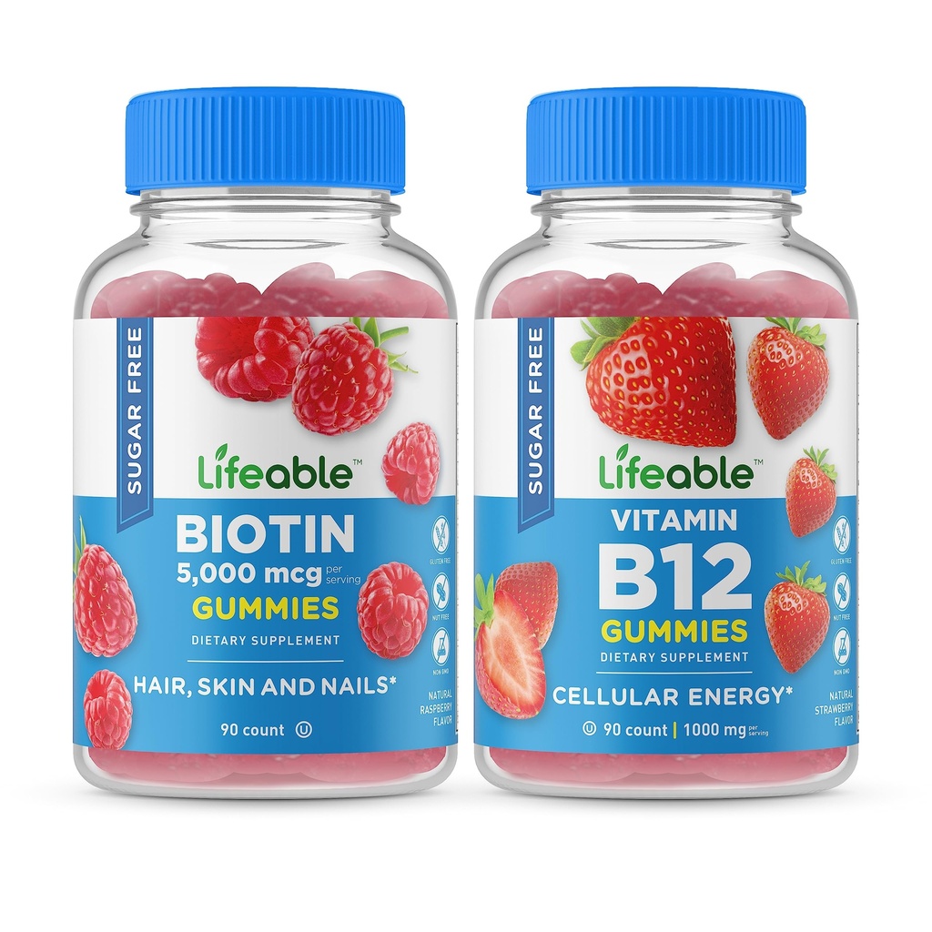 Lifeable Sugar Free Biotin + Vitamin B12, Gummies Bundle - Great Tasting, Vitamin Supplement, Gluten Free, GMO Free, Chewable Gummy