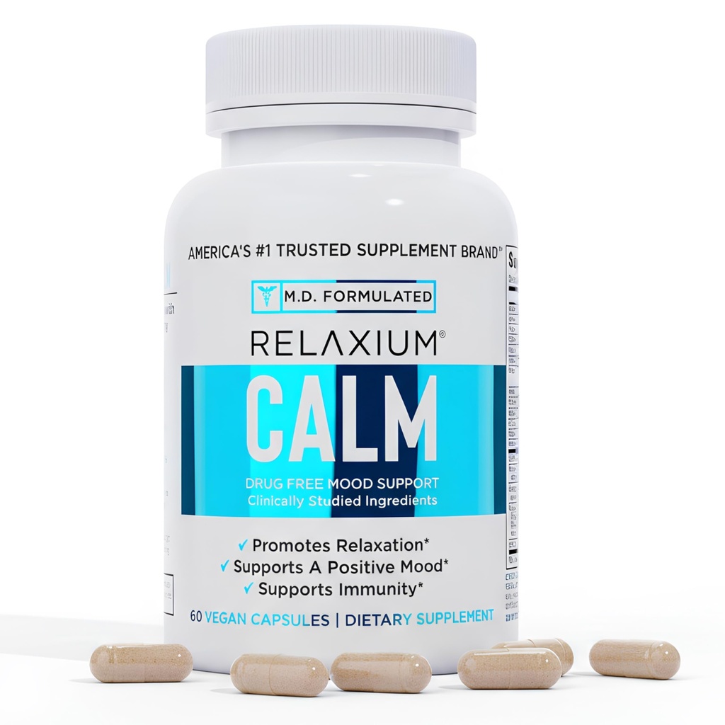 Relaxium Calm - Stress, Mood + Immune Support Supplement, Non-Habit Forming with Ashwagandha, 5-HTP & GABA, Mushroom Blend. Made in USA, 60 Capsules