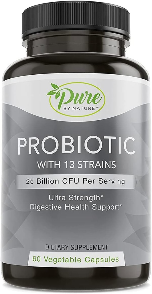 Pure By Nature Probiotics for Women & Men, 13 Strains with 25 Billion CFU, Probiotics for Digestive Health, Gut Health, Immune Support, Bloating & Constipation, Vegan & Shelf-Stable, 60 Capsules