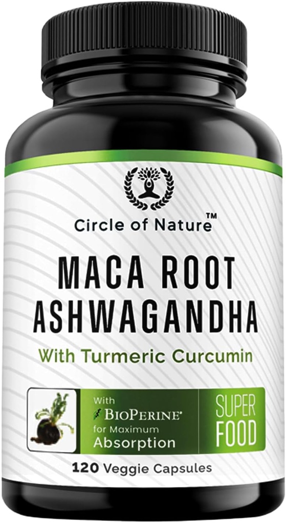 Maca Root, Ashwagandha Root Extract, Capsules for Men & Women with Turmeric Curcumin and Bioperine 120 Capsules Made in USA