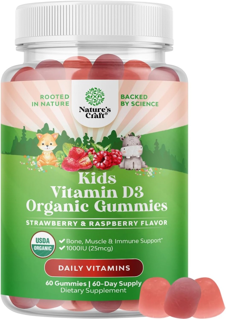 Natures Craft Organic Vitamin D Gummies for Kids - Vegan Kids Immunity Support Gummies with Vitamin D for Daily Teeth Muscle & Bone Support - Organic D3 Non GMO & Gluten Free 2 Month