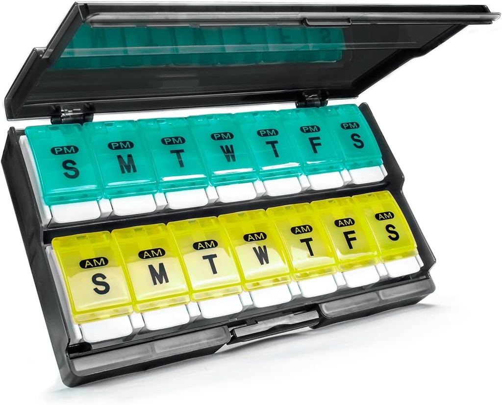 Extra Large Weekly Pill Organizer 2 Times a Day - Remtise Am/Pm Daily Pill Case Medicine Organizer, Push Button 7 Day Pill Box for Pills/Vitamin/Cod Liver Oil/Supplements (Cyan & Yellow)