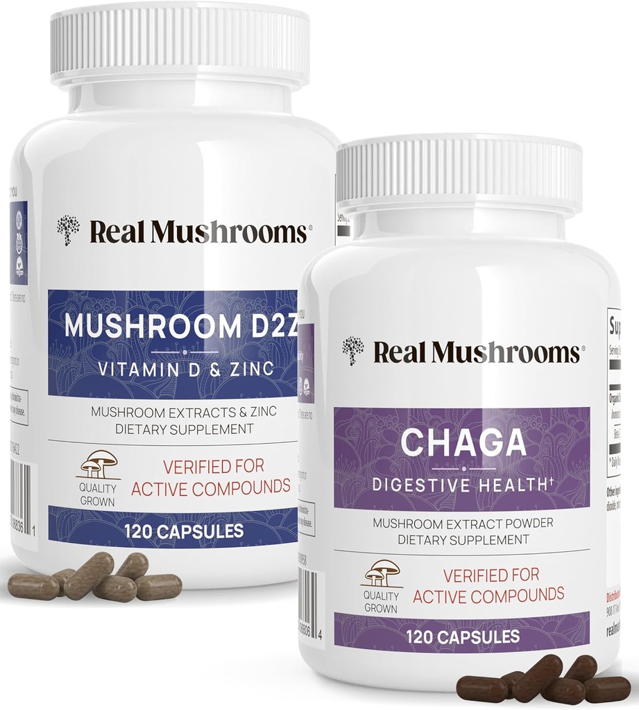 Real Mushrooms Vitamin D2, Zinc (120ct) and Chaga (120ct) with Reishi Bundle - Natural Support for Immune Strength and Digestive Health - Vegan, Gluten Free, Non-GMO, Organic Mushroom Extracts