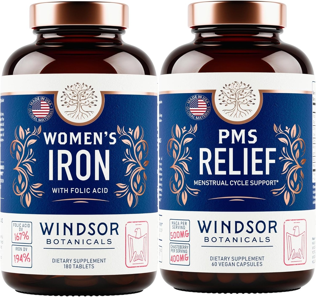 WINDSOR BOTANICALS Iron Supplement and PMS Relief Bundle for Women