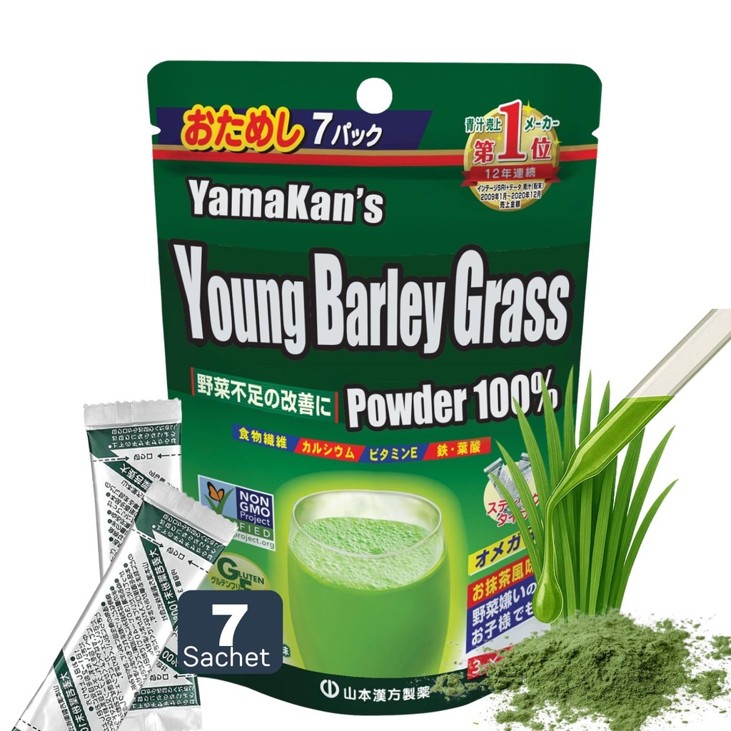 山本漢方製薬株式会社 YAMAKAN Green Juice with Barley Grass Powder, Super Greens Powder Rich in Daily Nutrients, Minerals, Vitamins & Plant-Based Protein for Women & Men from Japan, Non GMO 7 Count