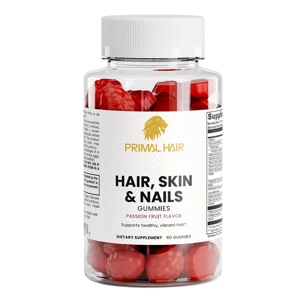 Hair, Skin and Nails Gummies with Biotin & Collagen - Vitamins A, C, D, E & Zinc - Passion Fruit Flavor - Supports Natural Glow & Healthy Growth - 60ct