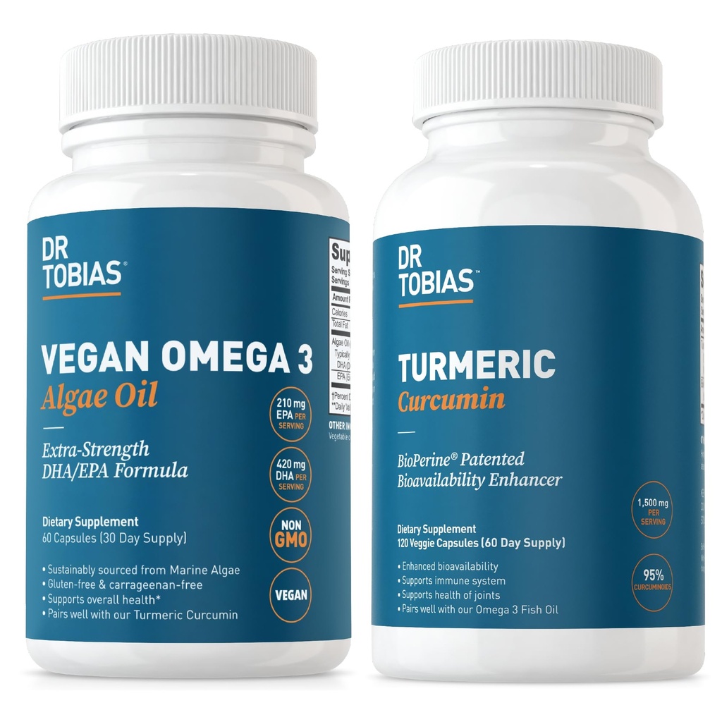 Dr. Tobias Omega 3 Algae Oil Turmeric Curcumin, Joint Support, Brain Function, and Overall Vitality, Non-GMO, Vegan