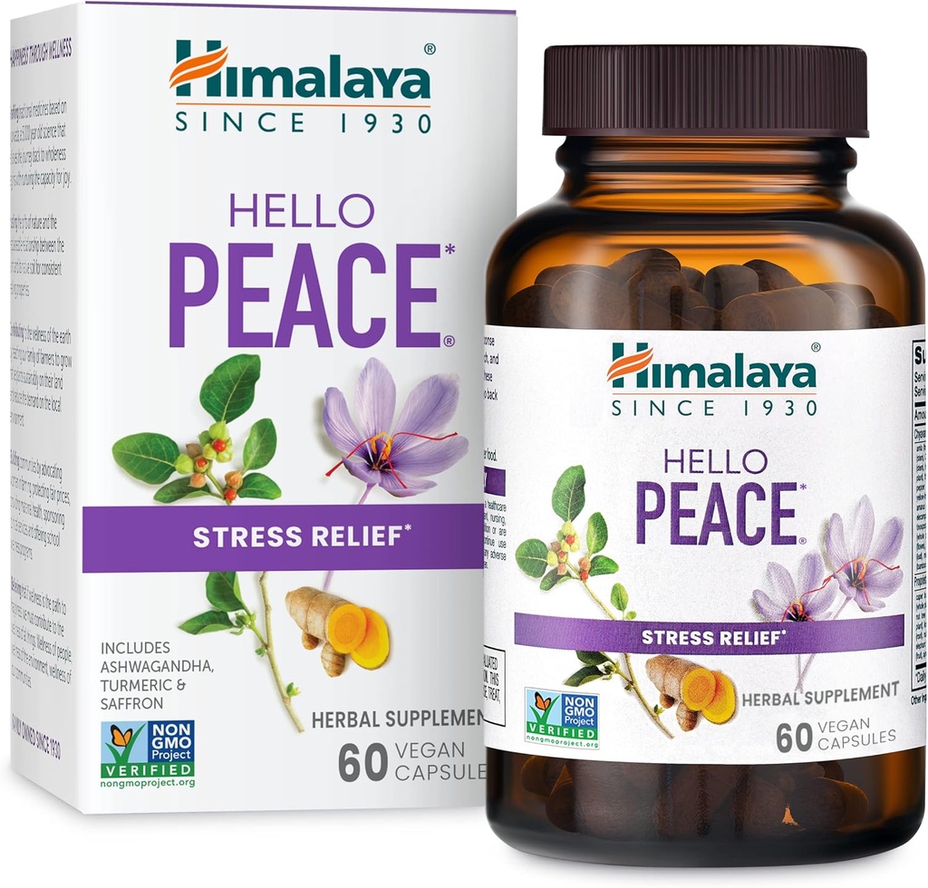 Himalaya Hello Peace - Herbal Stress Relief Supplement with Ashwagandha and Turmeric for Normal Cortisol and Adrenal Support - Vegan, Non-GMO, Gluten Free, 60 Capsules