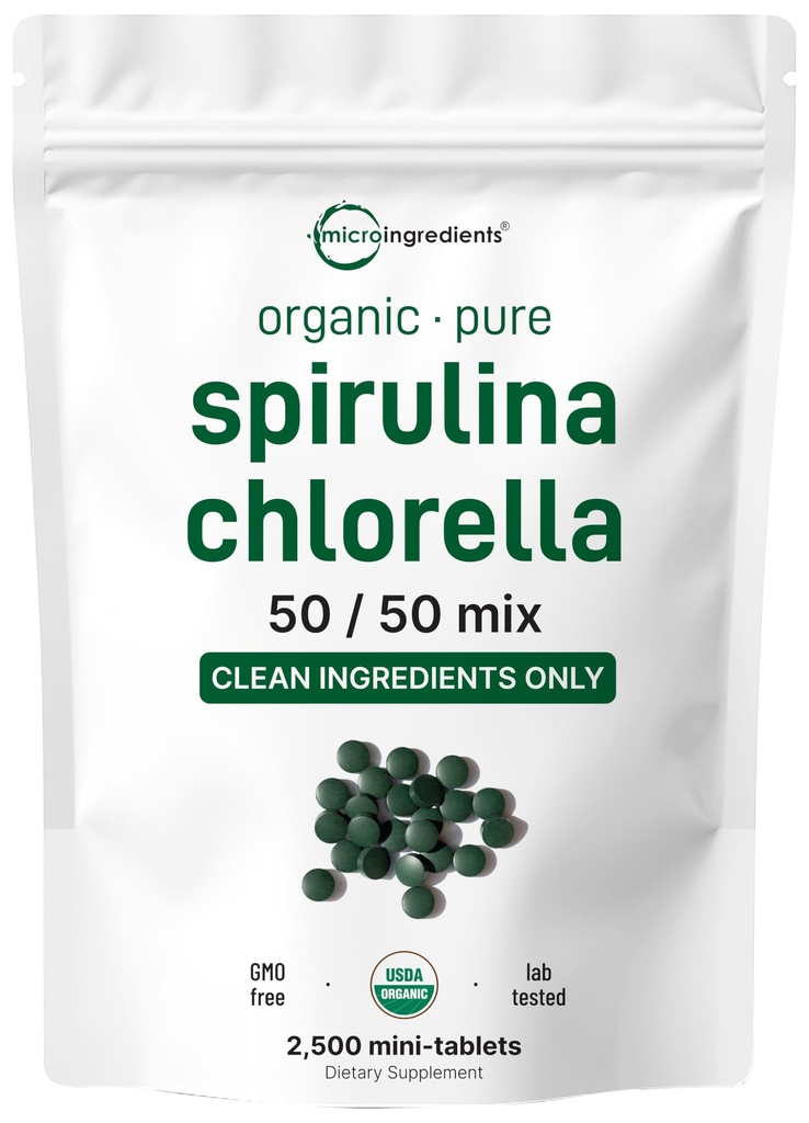 Micro Ingredients Organic Spirulina Chlorella Mini Tablets, 2,500 Tablets (8 Month Supply) | 50/50 Blend Superfood | Cracked Cell Wall for Better Absorption | Rich in Vegan Protein & Chlorophyll