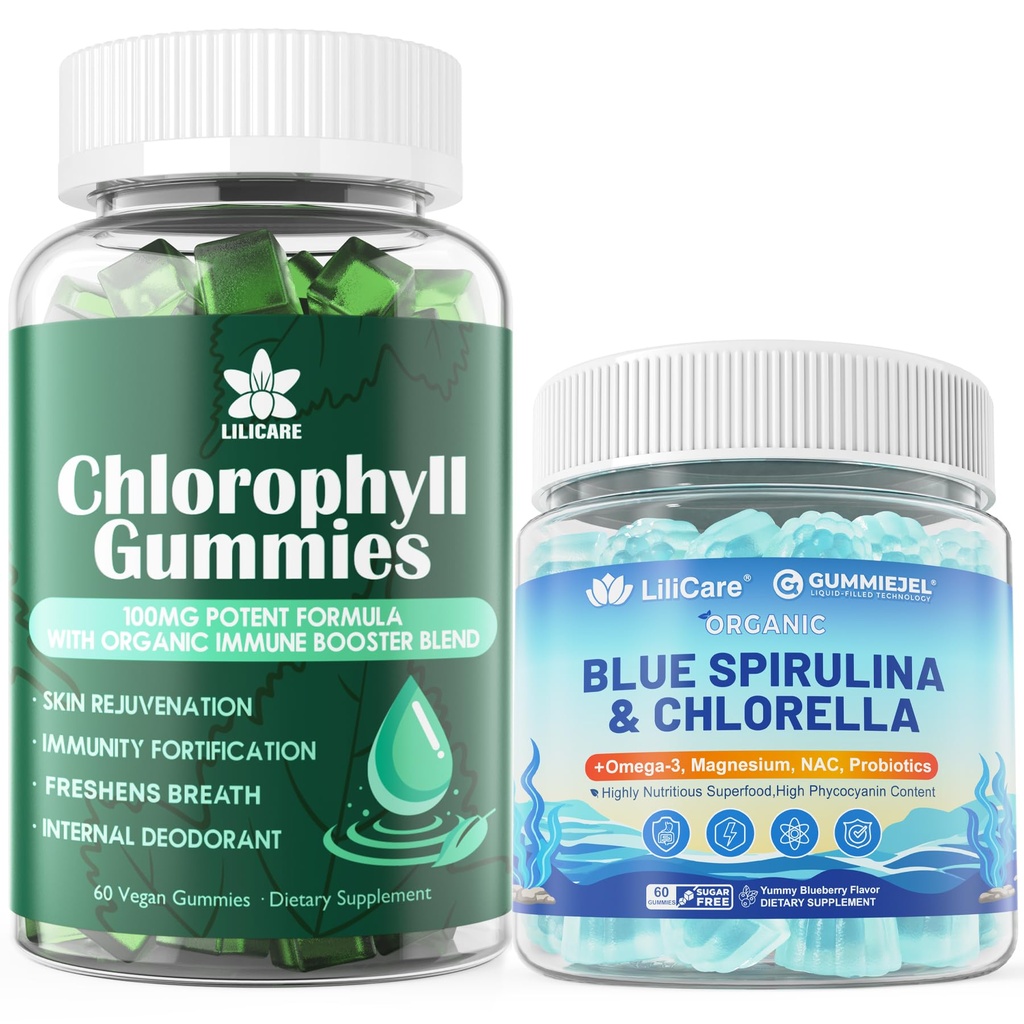 LILICARE Chlorophyll Gummies - Super Green + Organic Blue Spirulina Chlorella Gummies