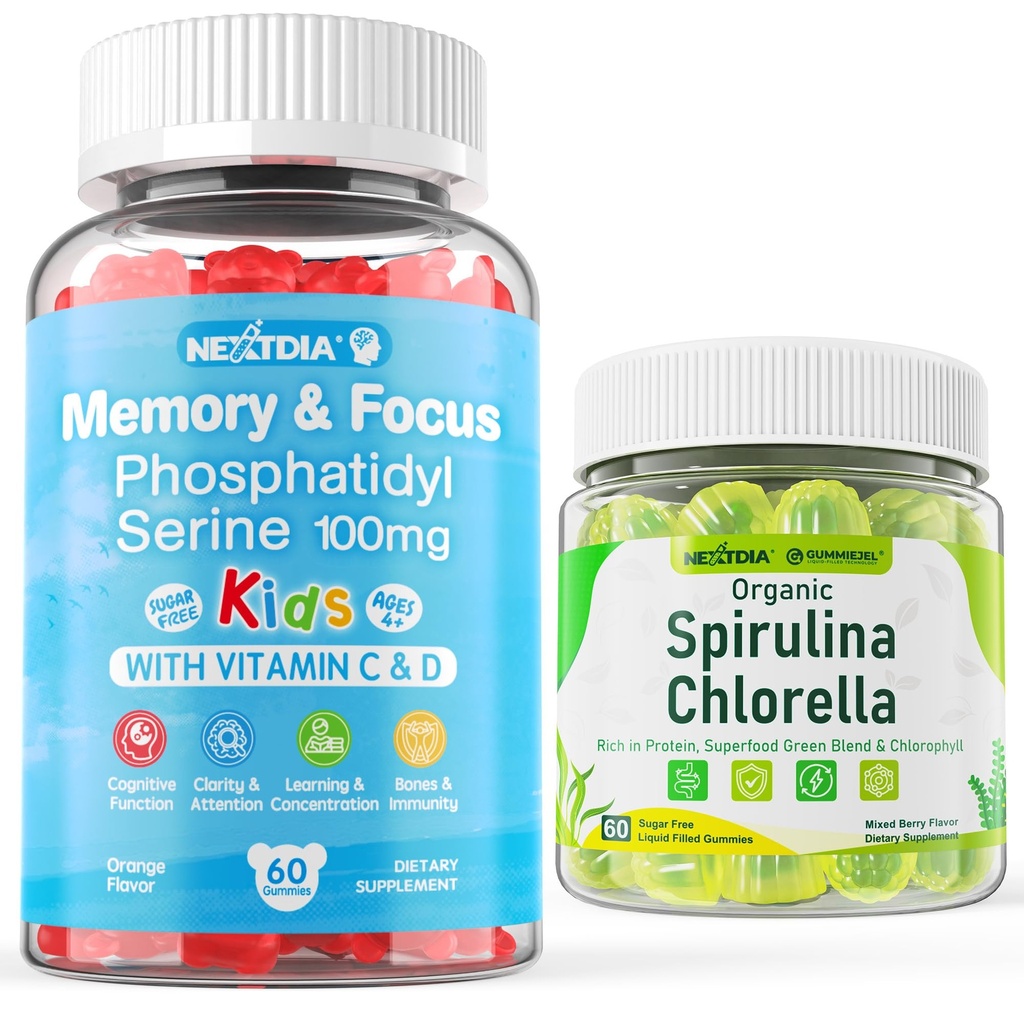 Nextdia Phosphatidylserine-Kids Focus Gummies + Organic Spirulina Chlorella Gummies