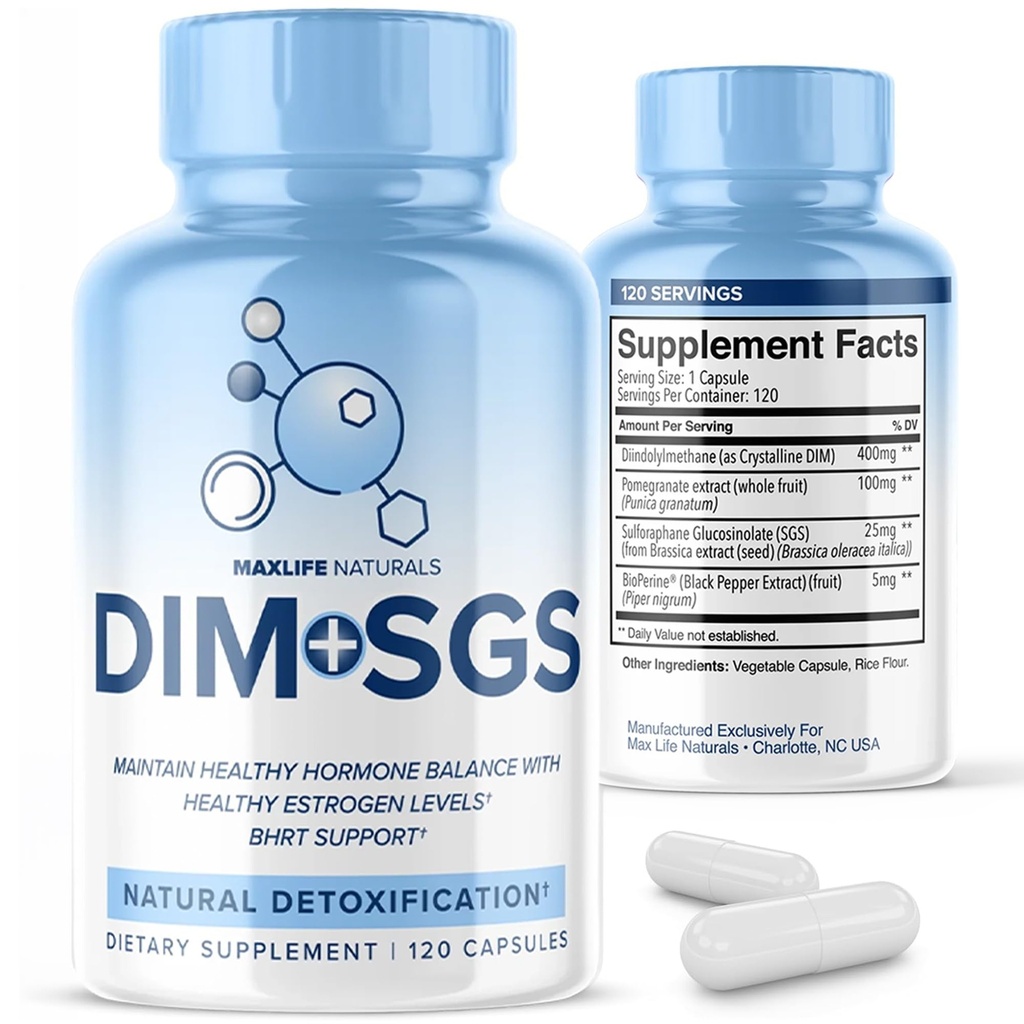 DIM+SGS with Detox Support – 120 Capsules Made in USA, Estrogen Support for Women with BioPerine, Natural Estrogen Supplement Menopause, DIM Supplement Women & Men, Prostate Hormone Balance for Men