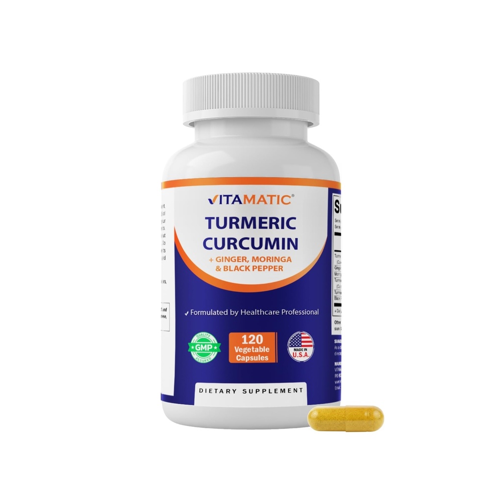Vitamatic Turmeric Curcumin 10:1 Extract 290 mg – Plant-Based Botanical Extract with Black Pepper 5mg, Ginger 50mg & Moringa 500 mg – Vegetarian, Non-GMO, Gluten-Free – 120 Capsules
