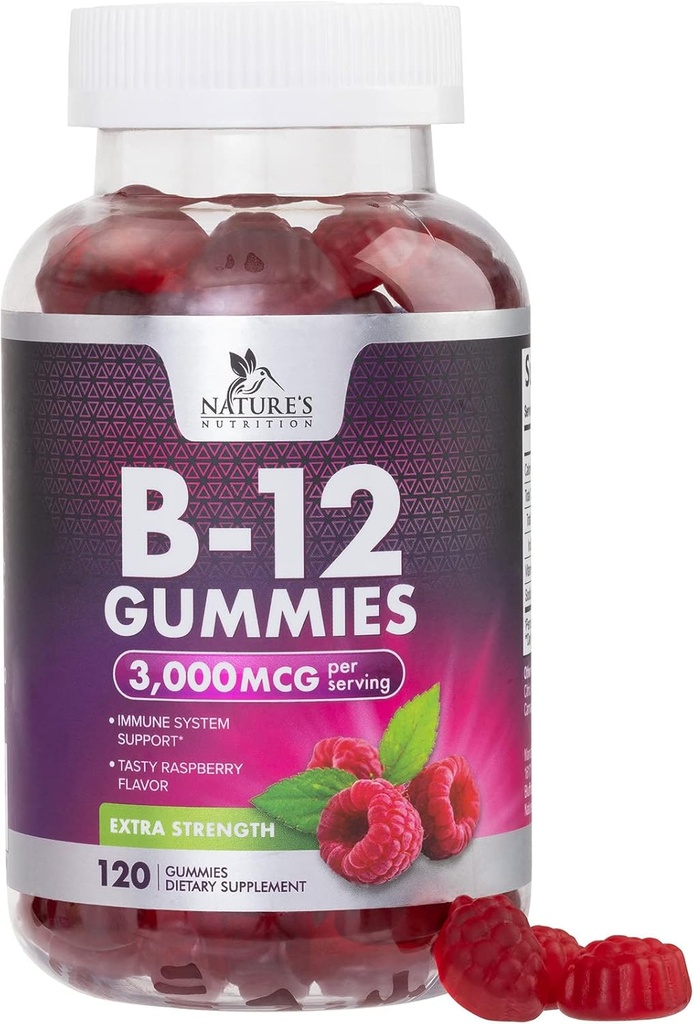 B12 Vitamins Energy Gummies 3000 mcg - Extra Strength B 12 Gummy for Metabolism & Immune System Support - Chewable Dietary B12 Supplements for Adults & Kids Caffeine Free Gummy Vitamin - 120 Gummies