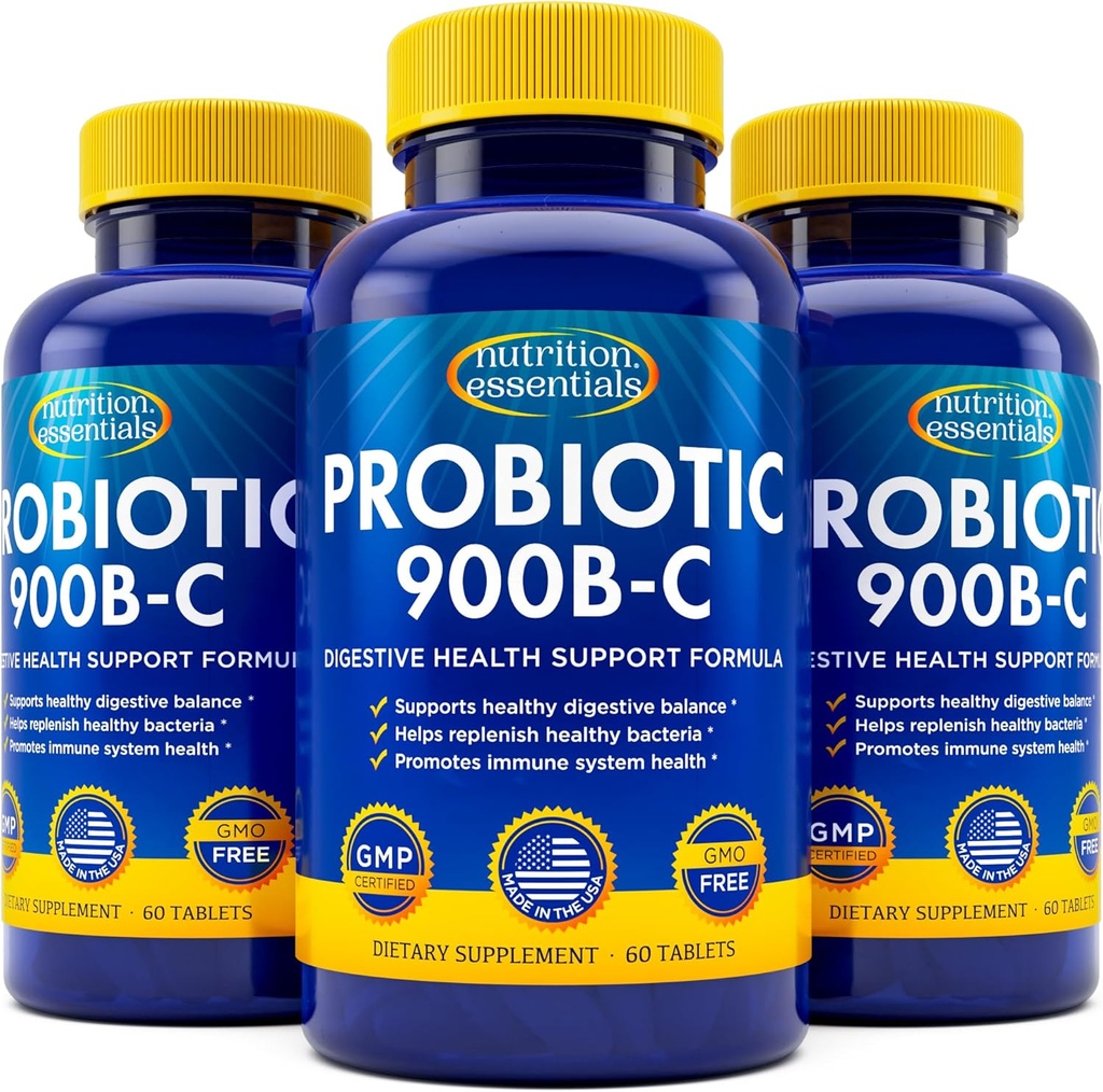 Nutrition Essentials Probiotics for Women and Men with Natural Lactase Enzyme & Prebiotic Fiber for Digestive Health - 80percent + Stronger Supplement for Gut Health Support - 3 Count of 60 Tablets