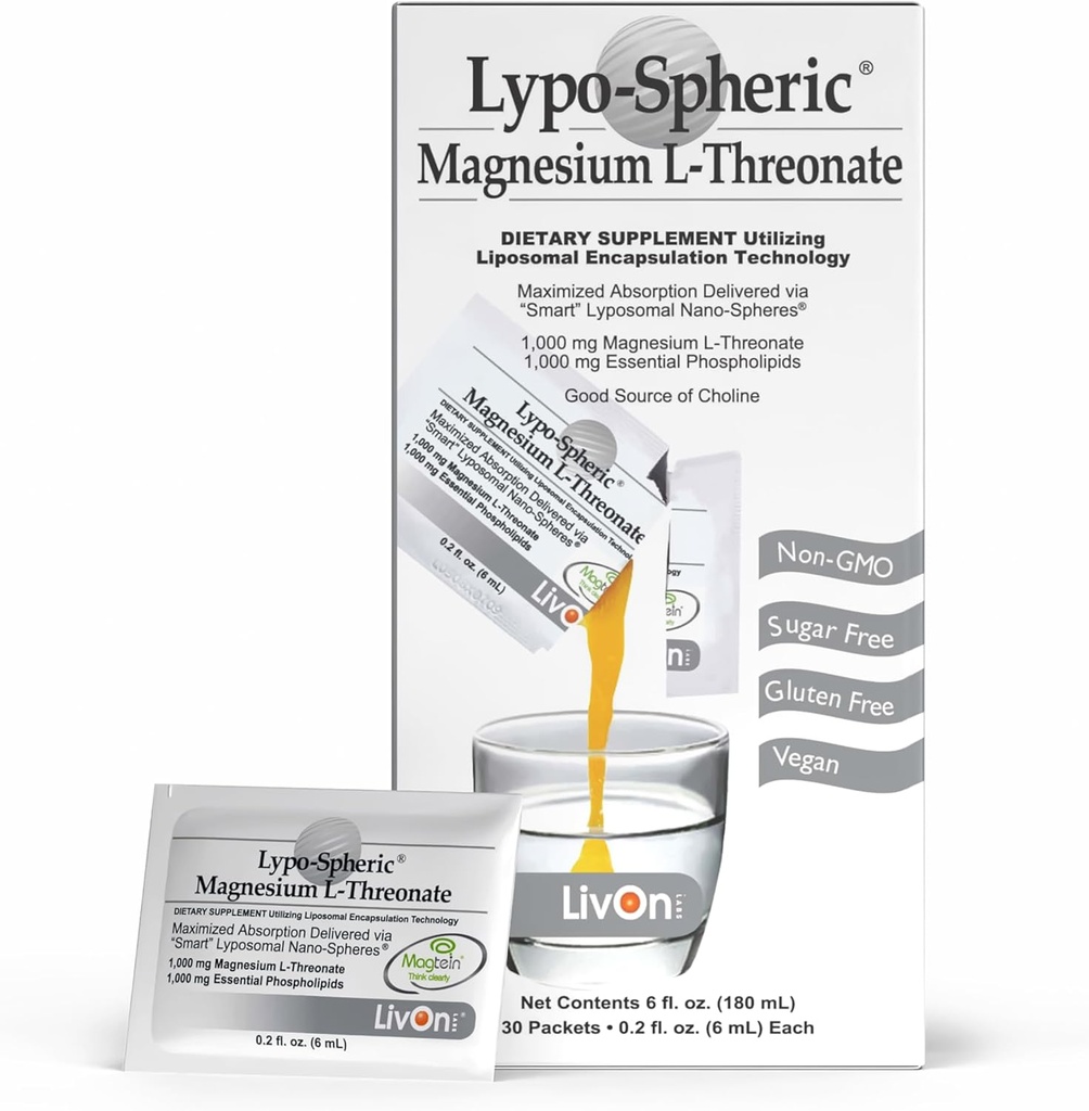 LivOn Laboratories Lypo-Spheric Magnesium L-Threonate - 30 Packets - 77mg Per Packet - Liposome Encapsulated for Maximum Bioavailability - Professionally Formulated - 100% Non-GMO