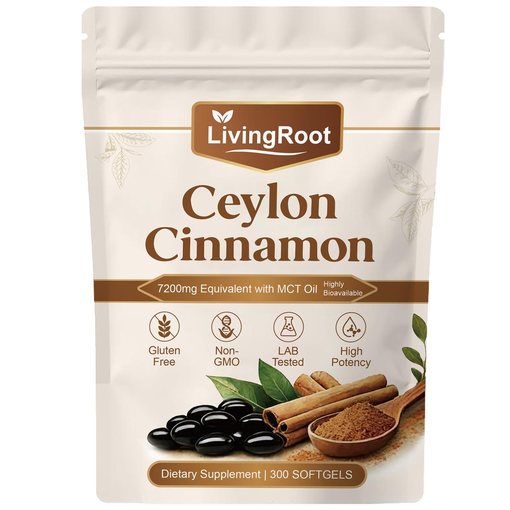 Living Root Ceylon Cinnamon Softgels, Livingroot Organic Ceylon Cinnamon Supplement Made with True Ceylon Cinnamon, 300 Softgels