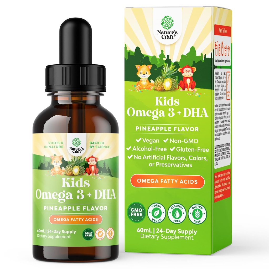 Kids DHA Omega 3 Drops - Fatty Acids Omega 3 6 9 for Brain, Immune Strength & Vision - Nutritional DHA for Kids for Healthy Nervous System & Focus Support - Liquid Supplement with EPA & ALA - 2 Fl Oz