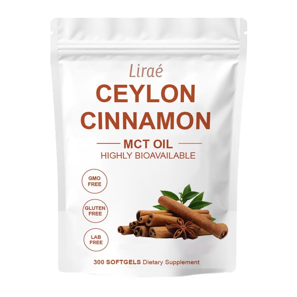 LIRAE Ceylon Cinnamon - 300 Soft Gels with Mct Oil, Non-GMO, Gluten Free, Highly Bioavailable & Easy to Swallow - 300 Softgels (1)