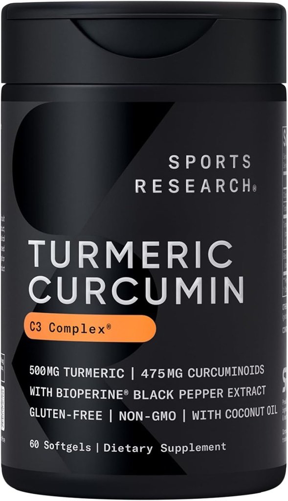 Sports Research Turmeric Curcumin C3 Complex 500 mg, Enhanced & Black Pepper and Organic Coconut Oil for Better Absorption; Non-GMO and Gluten Free - Standardized 95% Curcuminoids (60 Count Softgels)