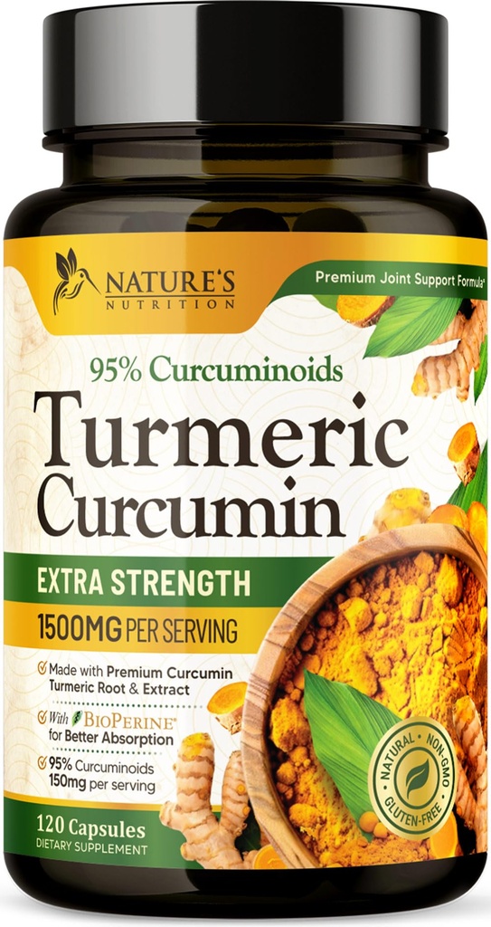Turmeric Curcumin Supplement 1500mg - Organic Tumeric & BioPerine Black Pepper for Best Absorption with 95% Curcuminoids, Nature's Joint & Immune Support, Non-GMO, Bottled in USA - 120 Capsules