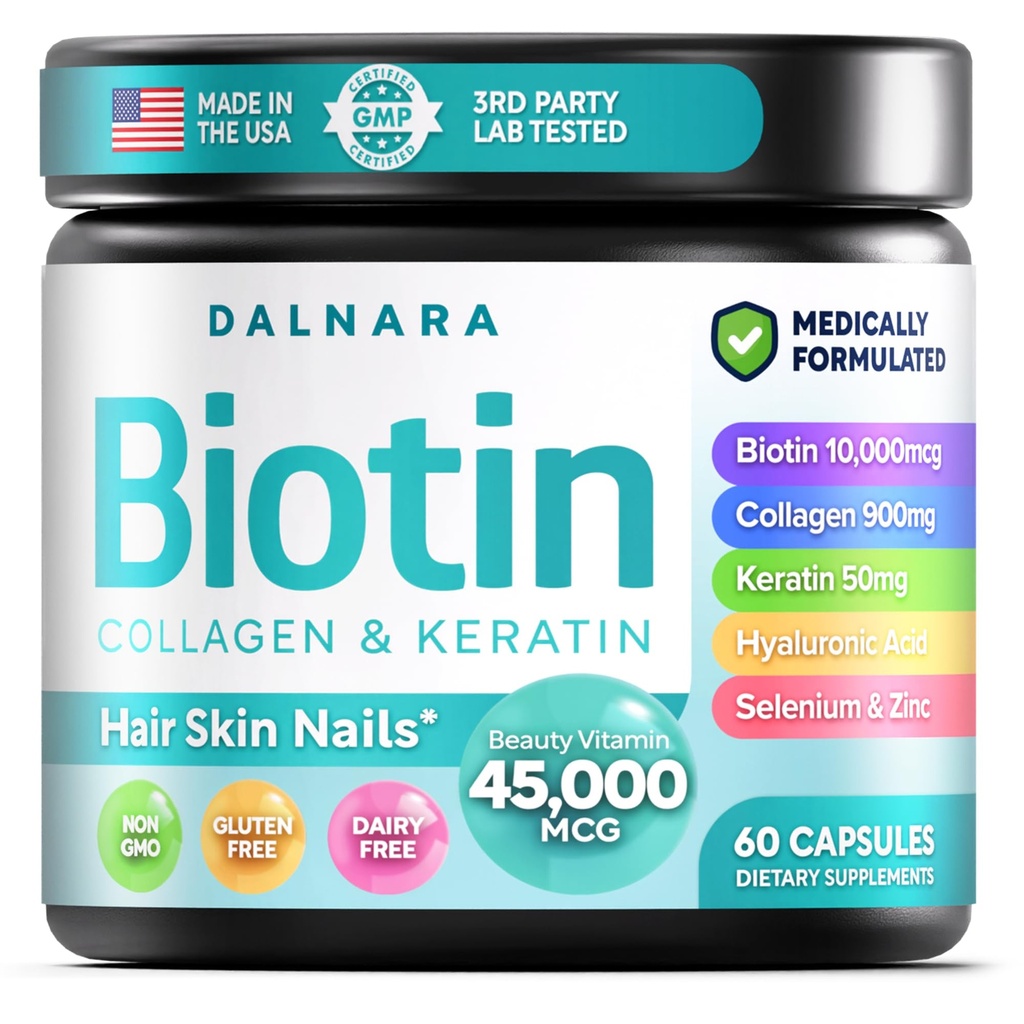 Biotin Collagen & Keratin – Hair, Skin & Nails Vitamins, 45,000 MCG Vitamin Complex (A, B1, B2, B3, B6, B7, C & E)–Biotin for Hair Growth for Women & Men, Hair Vitamins-60 Capsules–Made in USA