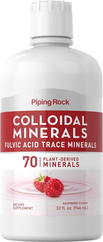 Piping Rock Colloidal Minerals Liquid | 32 fl oz | Fulvic Acid Trace Minerals | Plant Derived | Raspberry Flavor | Vegetarian, Non-GMO, Gluten Free Supplement