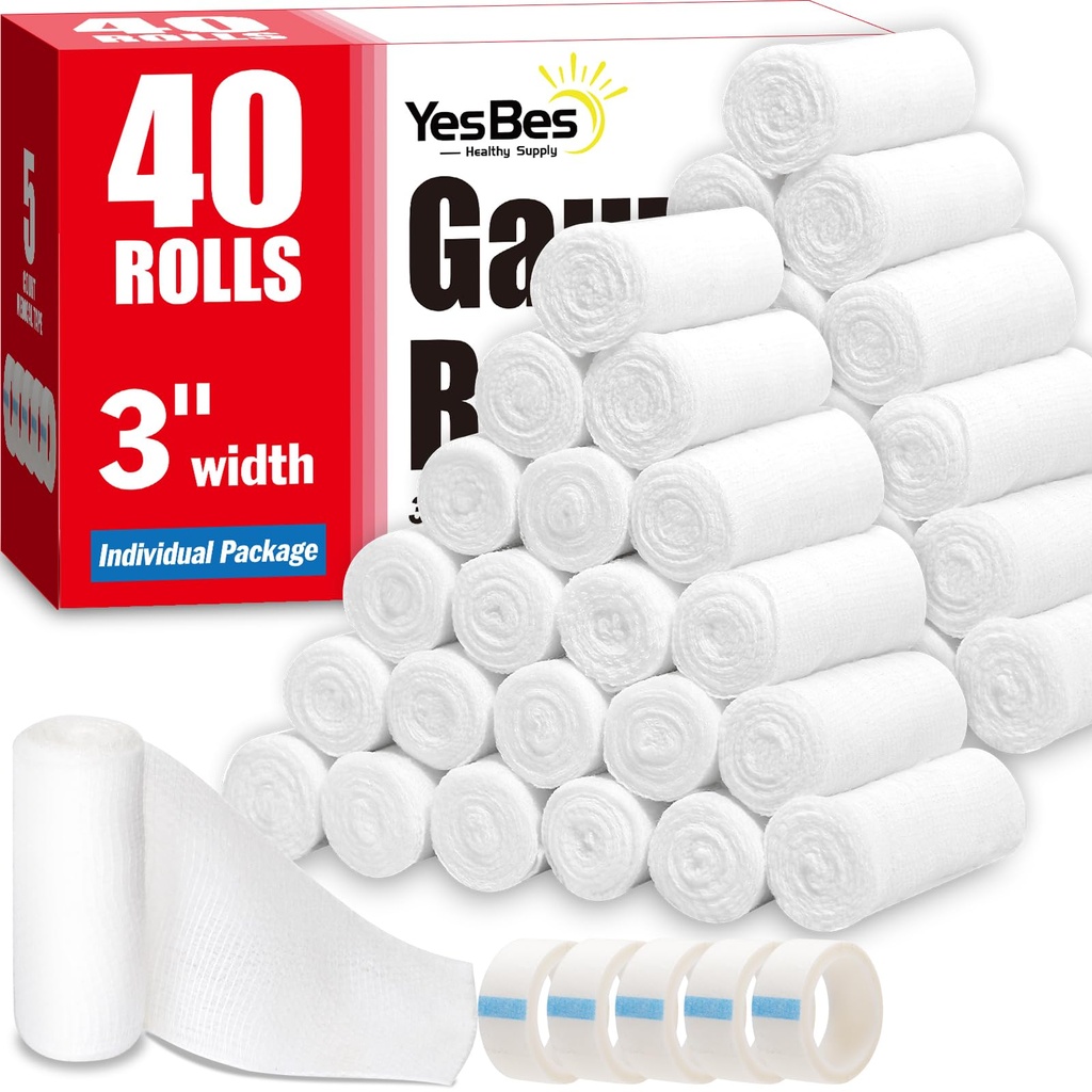 YesBes 40 Pack Gauze Rolls, 3 in x 4.1 Yards, Premium Gauze Wrap Roll for Wounds, Bandage Wrap Rolled Gauzes, Mummy Wraps, Individually Wrapped