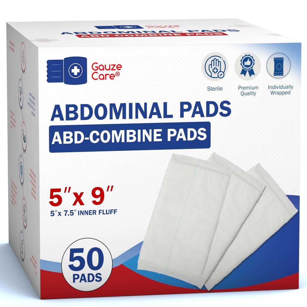 GauzeCare Sterile Abdominal- ABD Combine Pads| 50-Pack, 5 x 9 Inches| Extra Absorbent & Thick, Individually Wrapped Wound Dressing, First Aid Pads| Surgical-Grade, Nonstick- for Heavy Leakage, Post Op