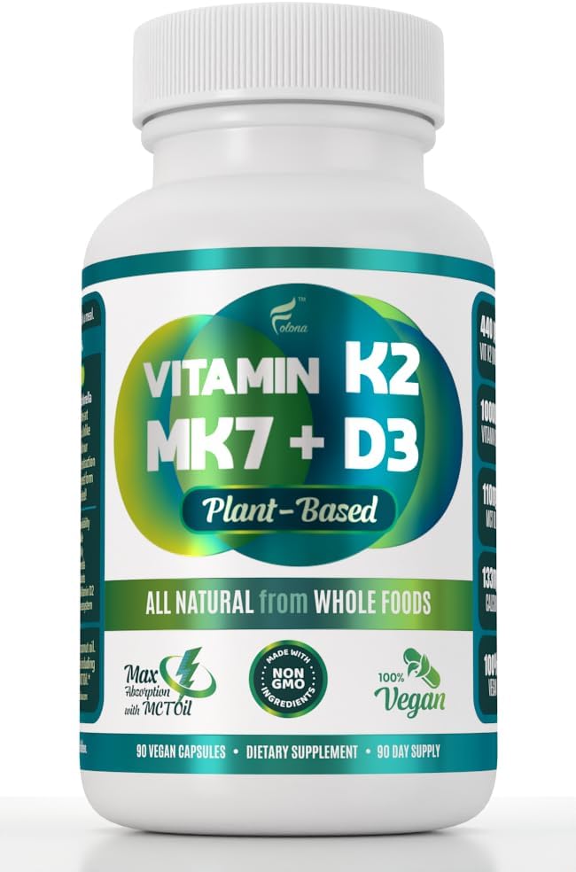 Vegan Vitamin K2+D3 | 440 mcg All-Trans MK-7 440mcg from Peas + 1000IU Vitamin D3 from Chlorella + MCT Coconut Oil for max Absorption | 90 Capsules, 100% Vegan, Non-GMO