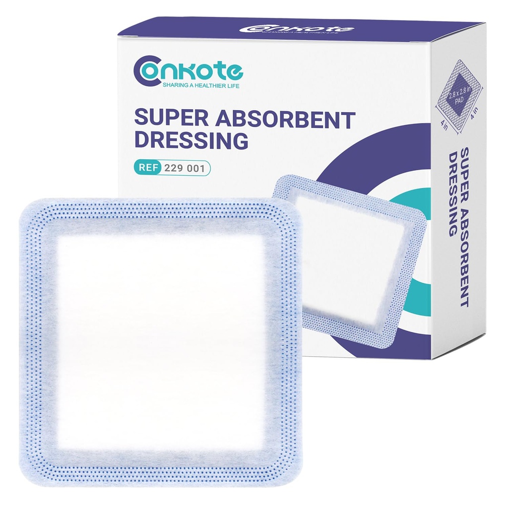 Conkote Super Absorbent Dressing for Wound Care 10 Pack, FSA or HSA 4"x4" Sterile Non-Adhesive Absorbent Bandages, Wound Care Pads for High Exudating Wounds, Ulcer, Surgical, l - ll Degree Burns
