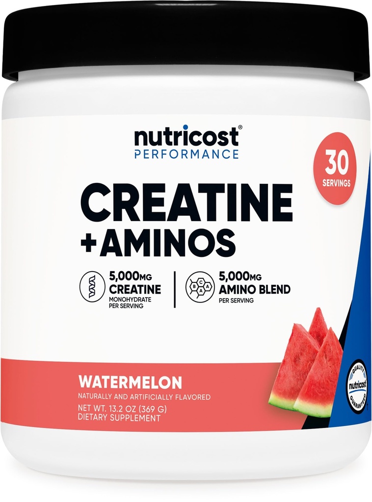 Nutricost Creatine + Aminos 30 Servings (Watermelon Flavored) - 5,000mg Creatine Monohydrate + 5000mg Amino BCAA Blend Per Serving
