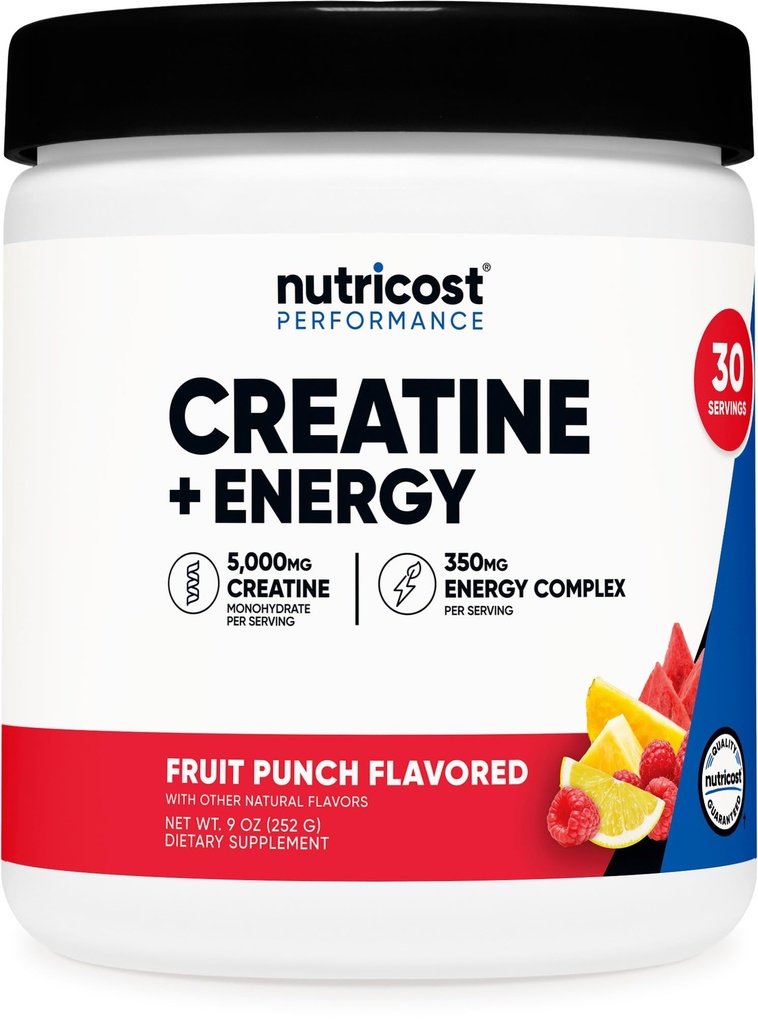 Nutricost Creatine + Energy 30 Servings (Fruit Punch Flavored) - 5,000mg Creatine Monohydrate + 350mg Energy Complex Per Serving