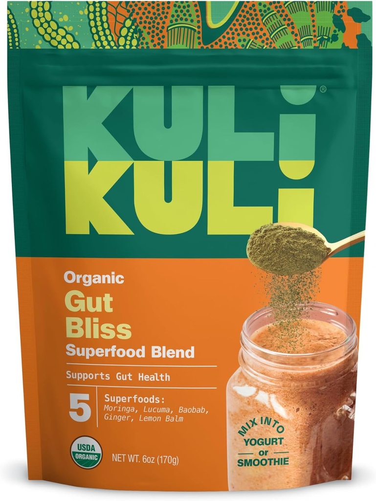 Kuli Kuli Gut Bliss Superfood Powder [6 oz] - Powerful Blend of Organic Moringa, Baobab, Lucuma, Ginger and Lemon Balm - Promote Digestion, Soothe the Stomach and Boost Gut Health