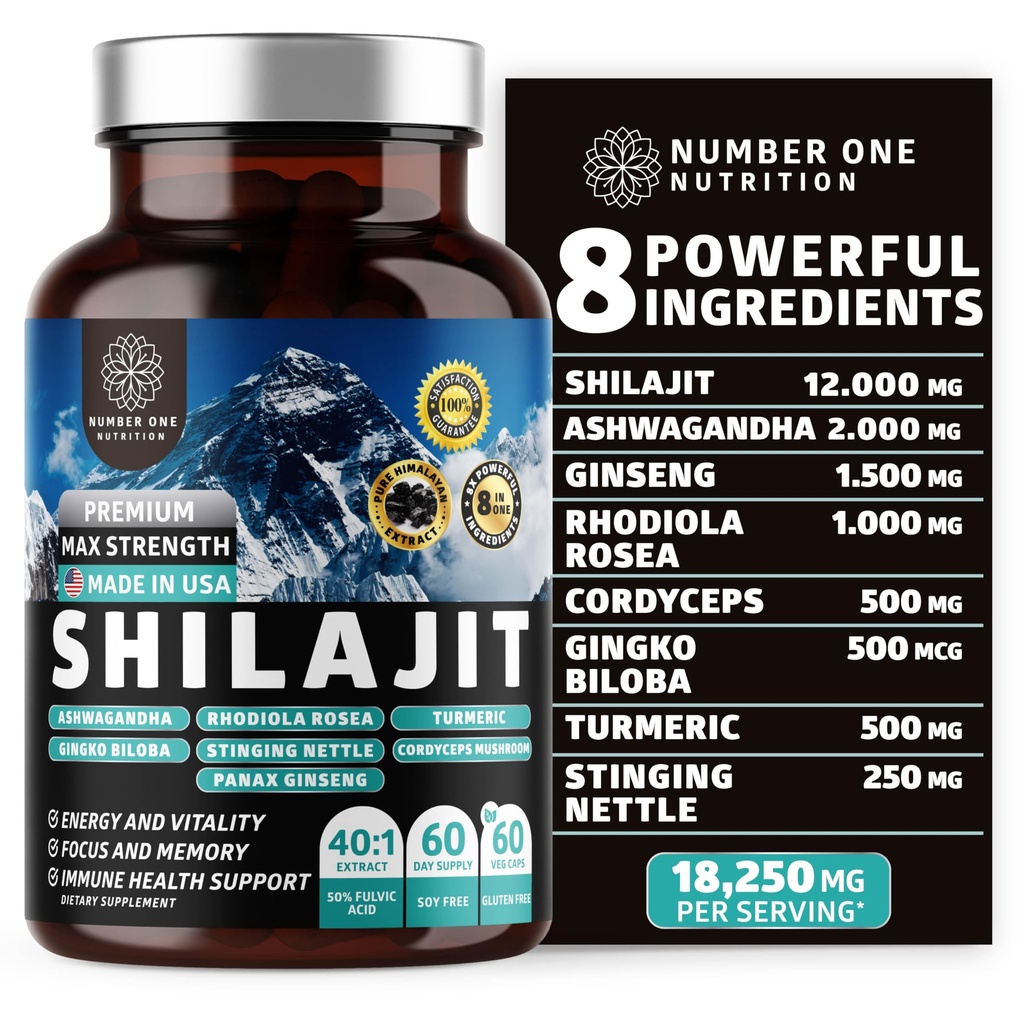 Pure Himalayan Shilajit for Women and Men [50% Fulvic Acid] Better Than Resin with Ashwagandha, Ginseng, Turmeric, Gingko Biloba, Stinging Nettle, Cordyceps to Support Energy & Immunity, 60Caps