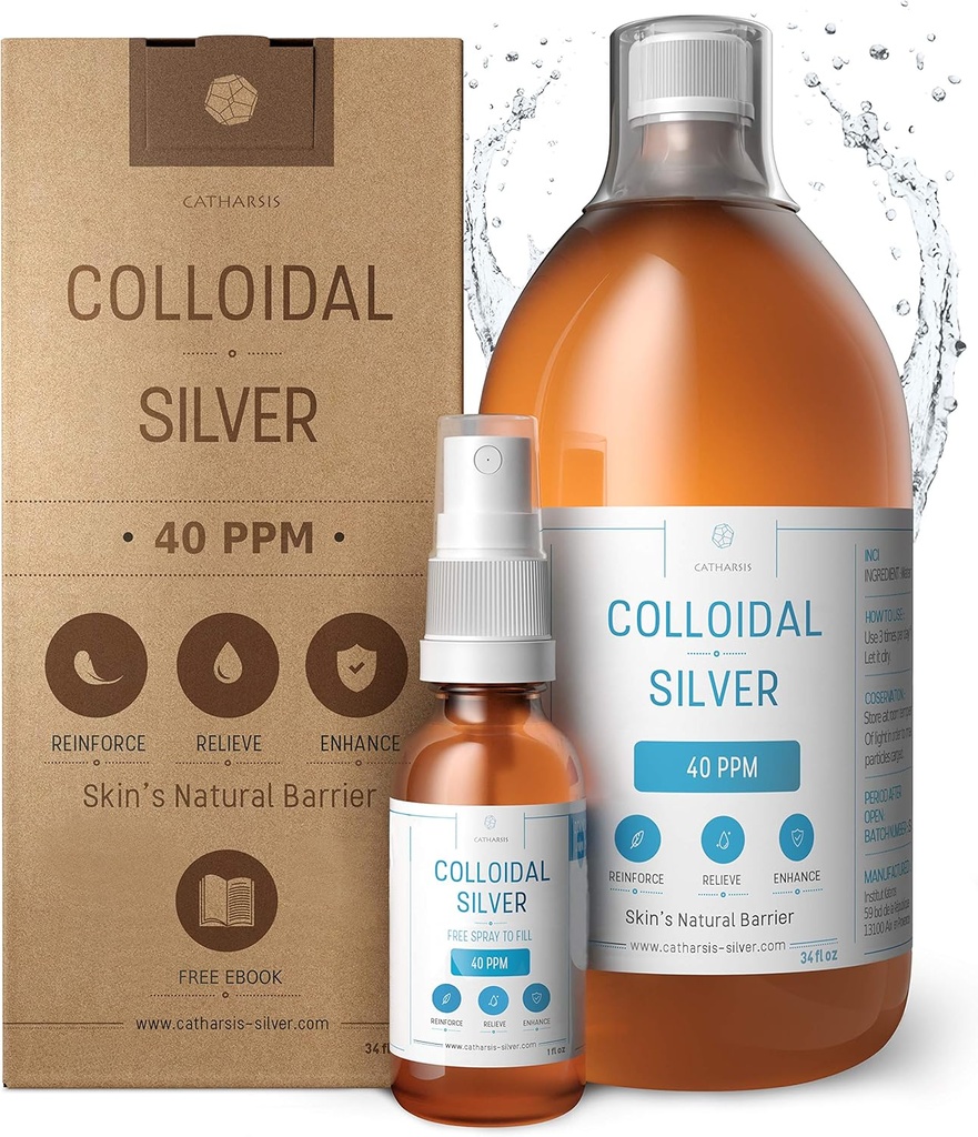 Premium Colloidal Silver ● Optimal Concentration Formula, Smaller Particles, Better Results ● Laboratory Certified ● Liquid Silver Made in EU ● Free Spray Bottle to Fill & Ebook (34 fl oz)