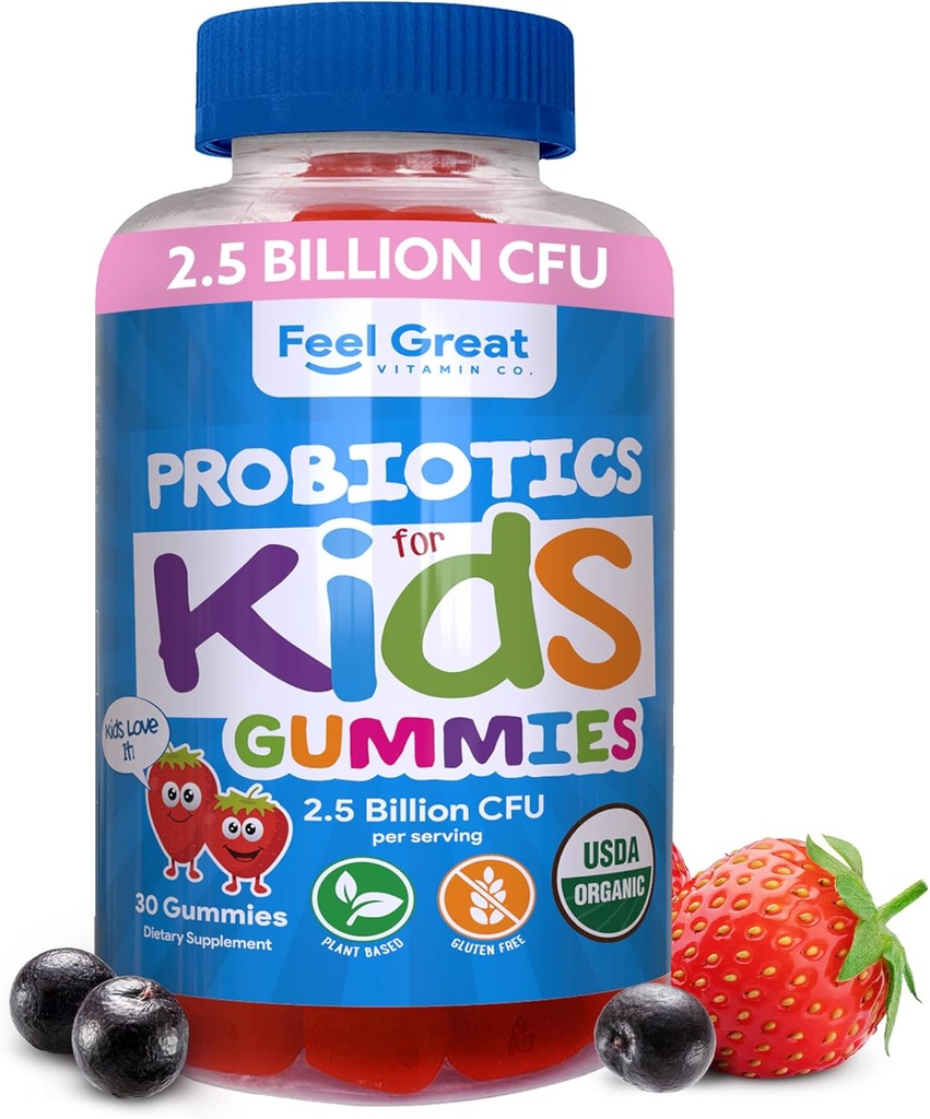Feel Great USDA Organic Kids Probiotics Gummies | Chewable Strawberry Probiotics for Digestive Health & Immune Support | Plant Based Probiotic & Prebiotic for Kids | 30 Count