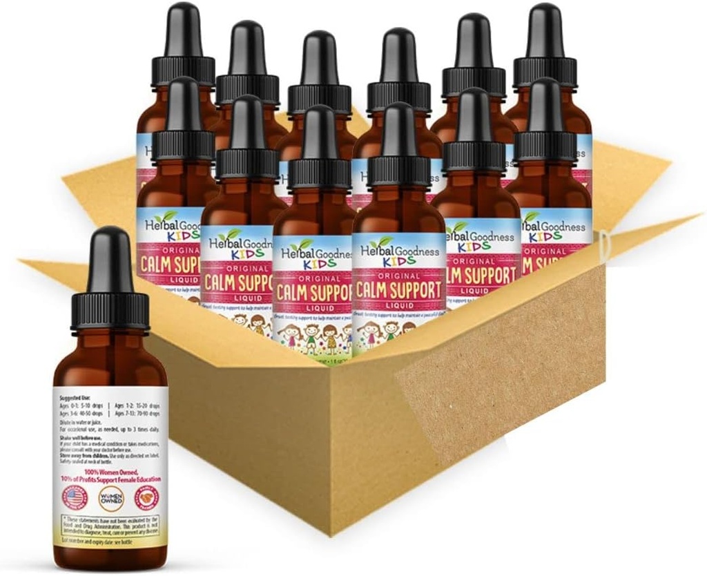 Herbal Papaya Kids Calm Support Liquid Extract 1oz with Magnesium Glycinate, Magnesium Citrate, Kids Multivitamin - Magnesium for Kids - 1oz Bottle, 12 Units