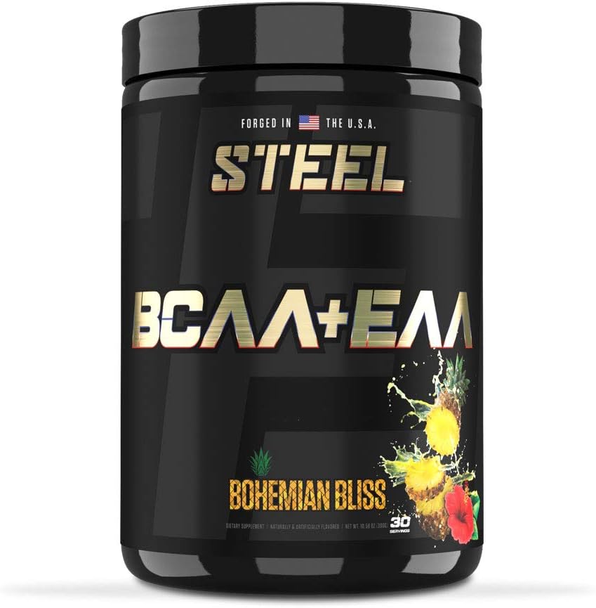 Steel Supplements | High Performance BCAA EAA Powder | Promotes Lean Muscle Growth and Workout Endurance | 2:1:1 Ratio to Recover Muscle Faster 30 Servings. (Bohemian Bliss)