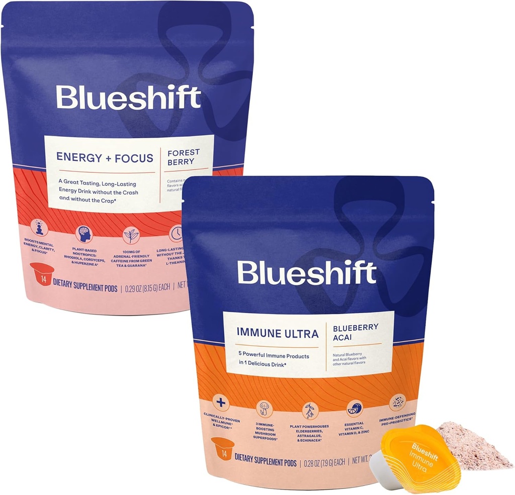 Blueshift Energy + Focus & Immune Ultra Bundle - Energy Drink Pods, Immune Support Powder, Drink Mixes for Energy & Immune Defense, Vitamin Supplement - Energy+Focus (14 Pack) & Immune Ultra (14 Pack)