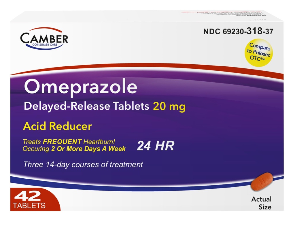 Camber Omeprazole 20mg Delayed-Release Tablets, Heartburn and Acid Reducer Reflux Medicine (42 Count)