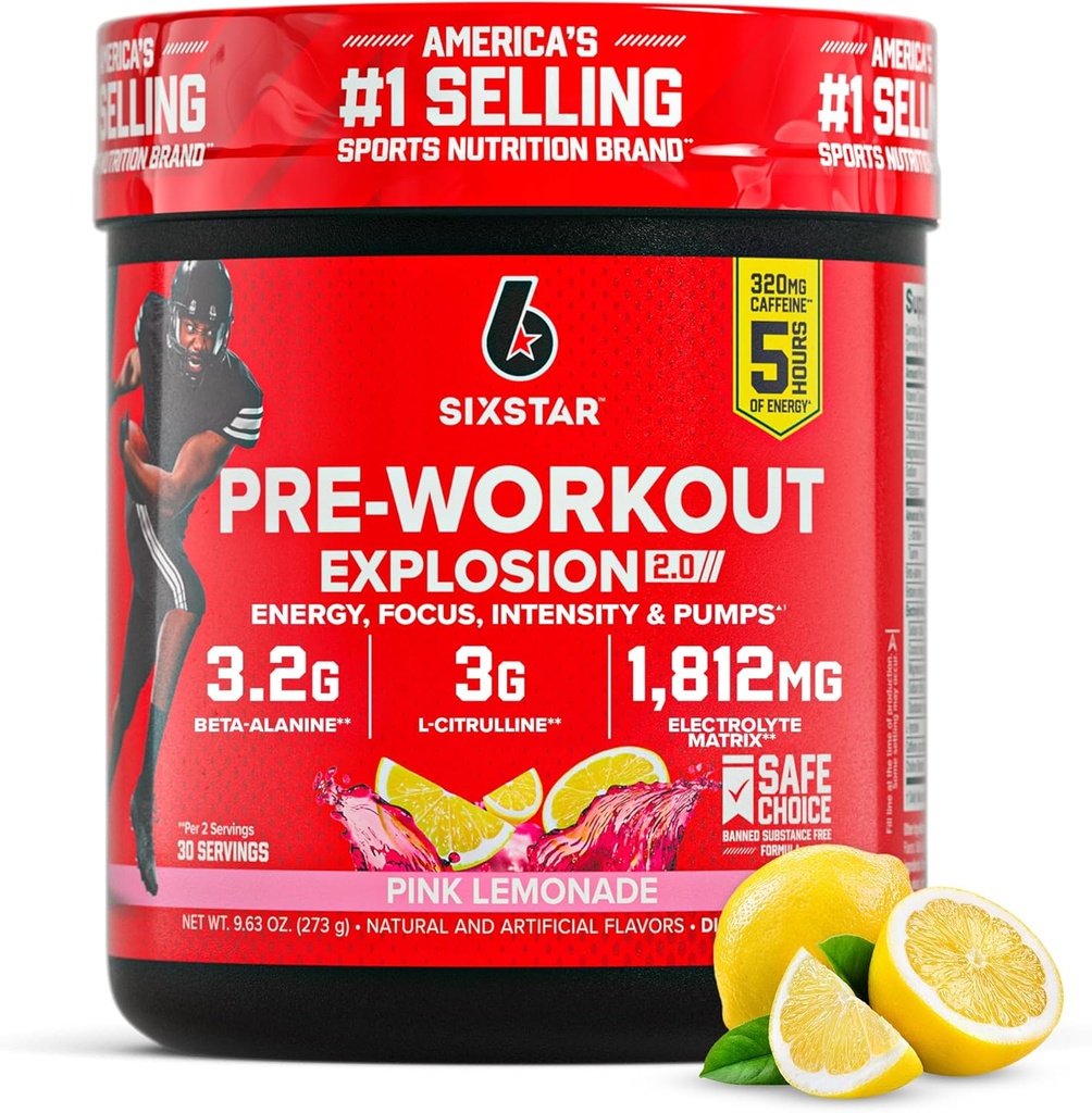 Six Star Pre-Workout Powder for Men & Women, Pink Lemonade (30 Servings) - Preworkout Explosion 2.0 Energy Powder Drink Mix with Beta-Alanine & Caffeine - Sports Nutrition Supplement Products