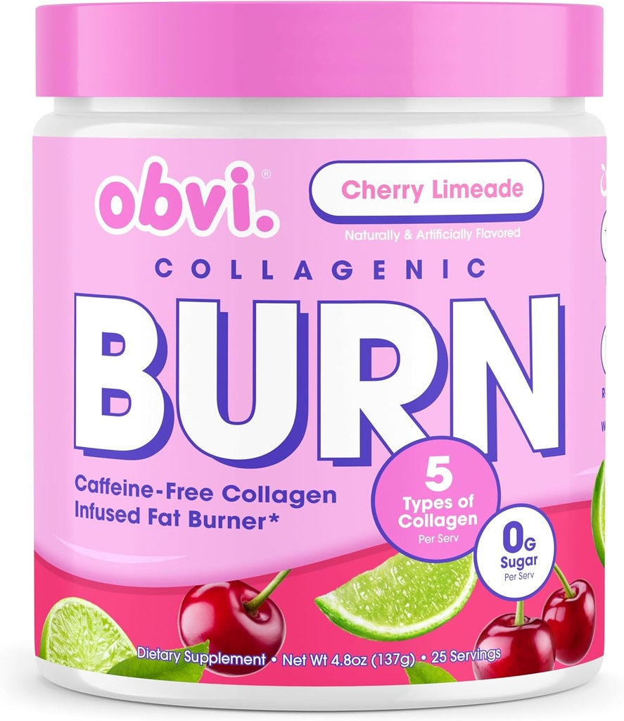 Obvi Collagenic Burn Powder | Collagen Peptide Blend with GBB, Ashwagandha & Green Coffee | Boosts Metabolism, Energy, and Wellness | Supports Skin, Hair, Nails, Joints | Cherry Limeade 25 Servings