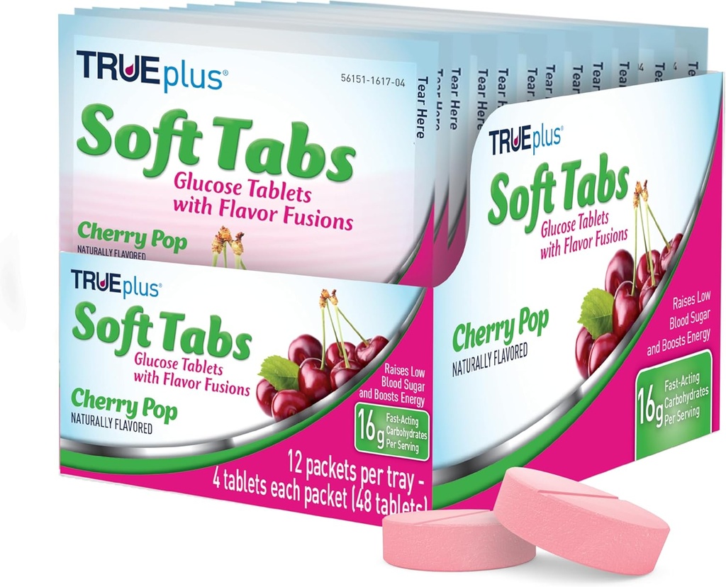 TRUEplus® Soft Tabs Glucose Tablets – 12 Packs – 48 tabs (Cherry Pop)