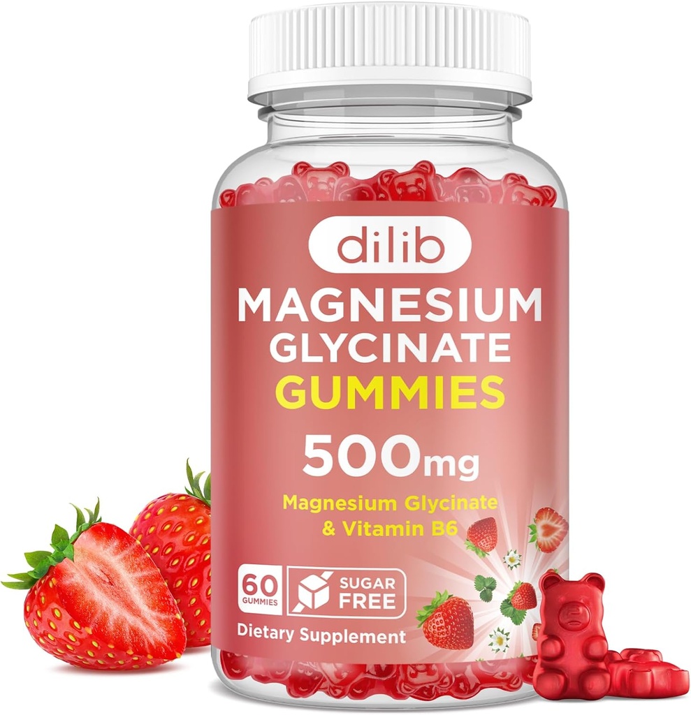 Magnesium Glycinate Gummies 500mg - Magnesium Supplement with Vitamin B6 for Adults & Magnesium for Kids - Calm Magnesium for Sleep, Mood, Muscle Support - Strawberry Flavor, 60 Gummies