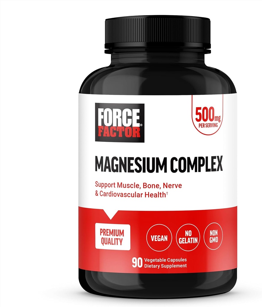 Force Factor Magnesium Complex Supplement to Support Muscles, Bones, Nerves, and Cardiovascular Health, Magnesium Glycinate, Magnesium Citrate, and Magnesium Oxide, Vegan, Non-GMO, 90 Capsules