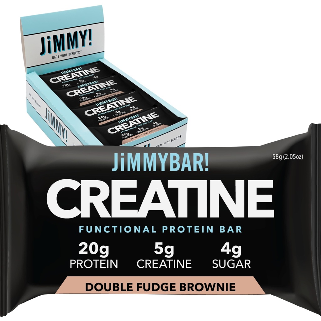 (NEW) JiMMYBAR! Creatine Protein Bar - 5g of Creatine Monohydrate + 20g Protein - High Protein Snack - Supports Muscle Growth, Strength & Recovery - Real Food Energy Bar for Athletes | Double Fudge Brownie | 1 Pack (12 Bars)